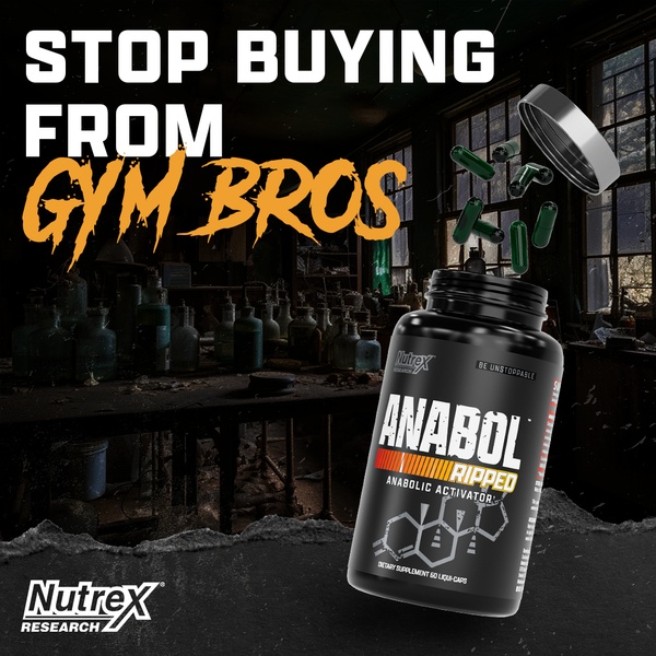 A high-contrast advertisement for an anabolic activator supplement featuring a dark, moody background to emphasize the product packaging.